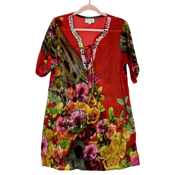Marila Other - Marila Red Floral Vneck Crystal Details Semi Sheer 3/4 Sleeves Cover Up Size S